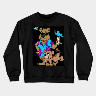 Comic Animation Abstract Bear, Birds and Dog Print Crewneck Sweatshirt